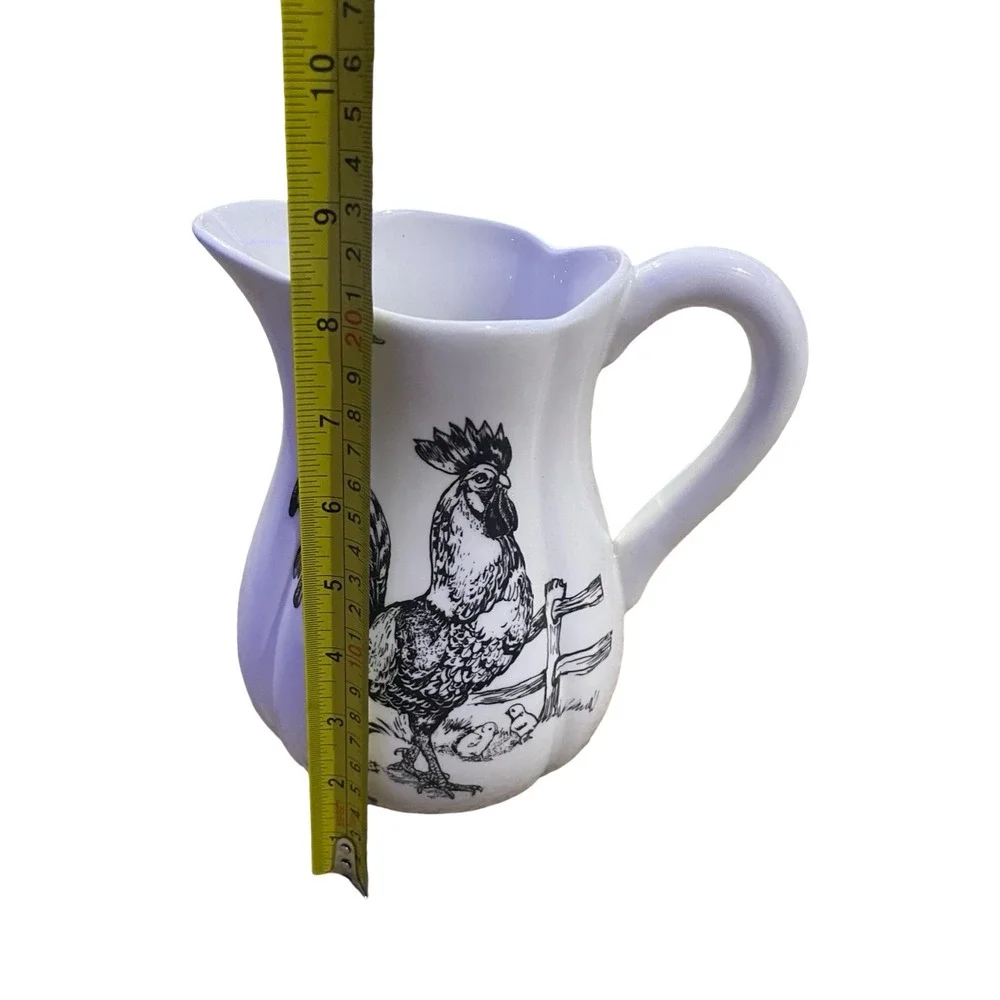 J. Willfred Farmhouse Ceramic Pitcher Cow and Rooster White Black Toile 9 Inch